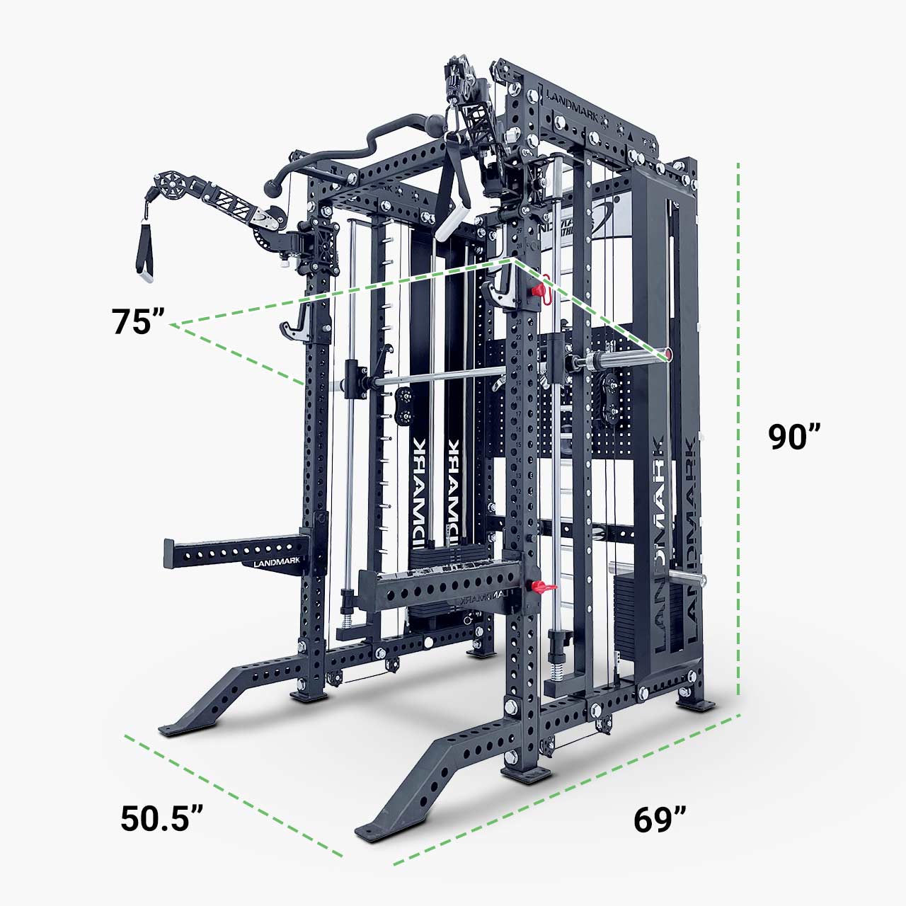 Gym equipment frame with dimensions labeled on a white background