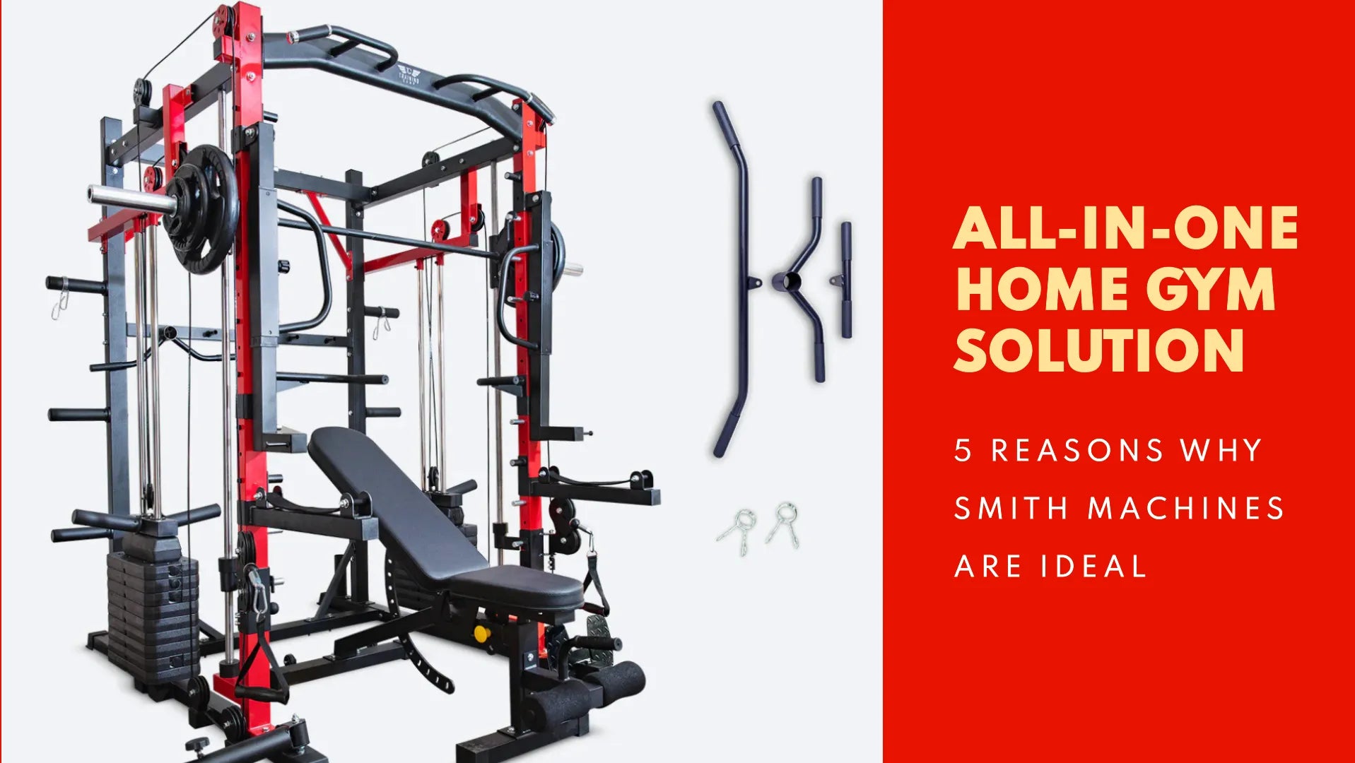 Smith machine home gym setup with multiple workout options.