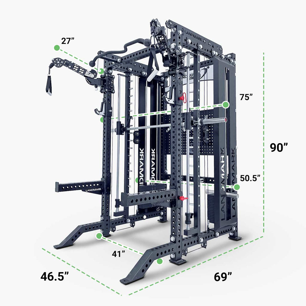 Gym equipment frame with dimensions labeled on a white background