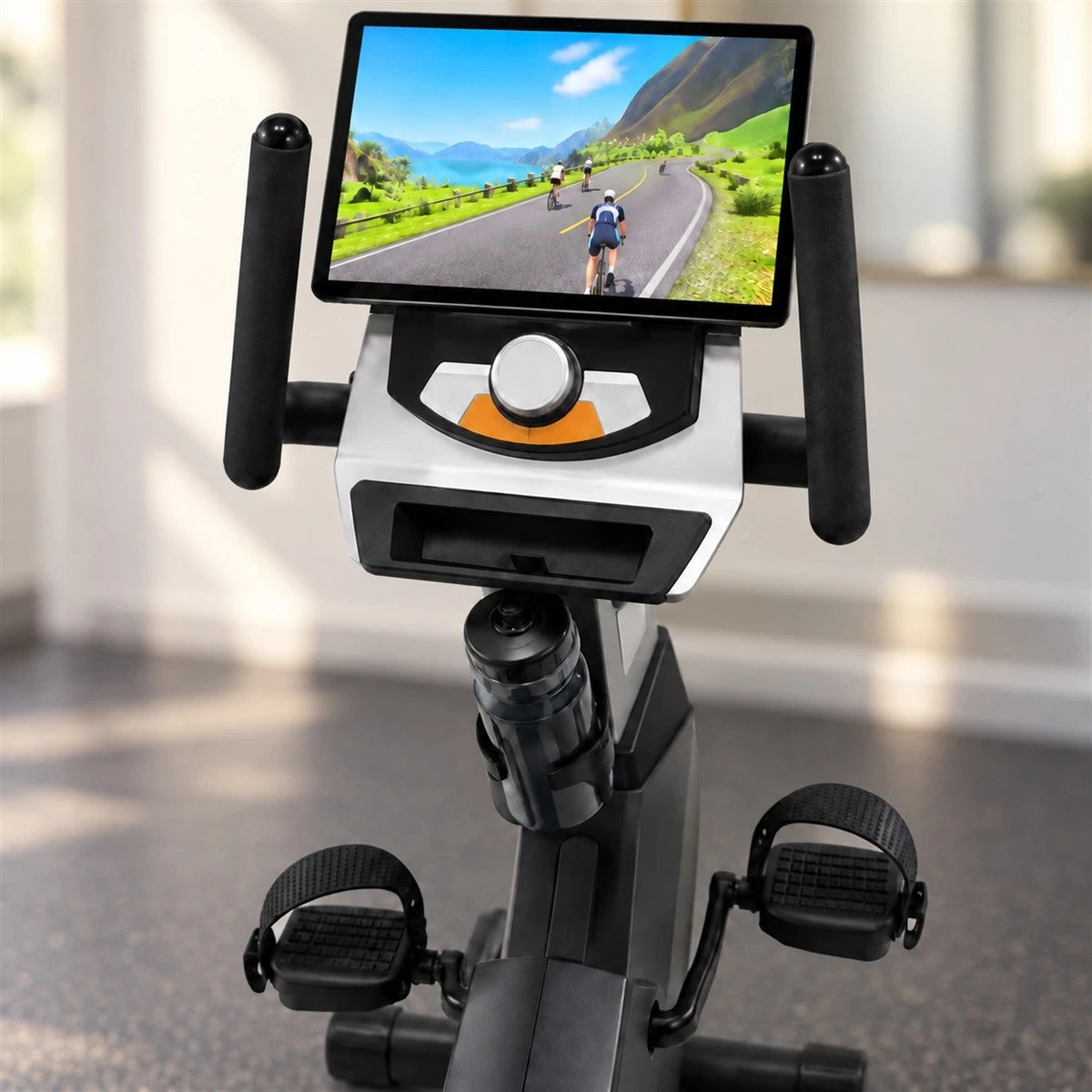 Tablet mounted on the 3G Elite RB X console running a cycling app over FTMS Bluetooth